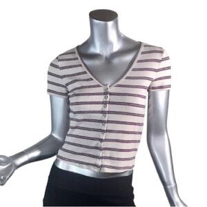 American Eagle Soft & Sexy Small Rib Crop Top Ribbed Shirt V Neck Snap Button Fr
